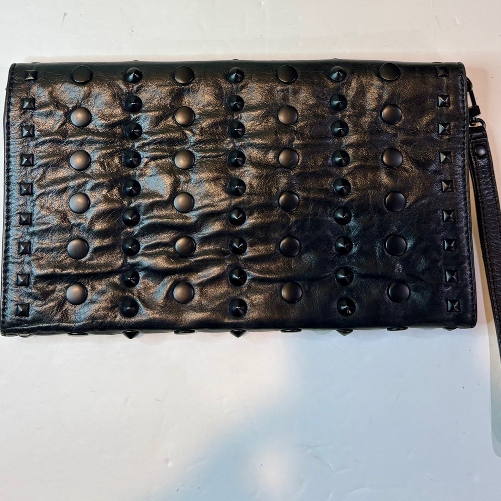 BCBGMaxAzria Black Studded Leather Fold-Over Clutch/Wristlet Rock Chic Bag - Picture 2 of 9